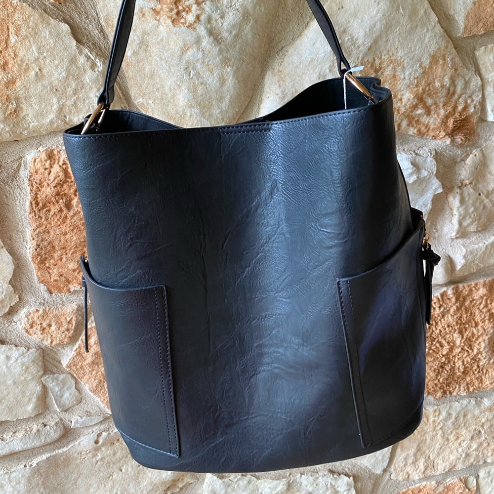 Anthropologie 2 in 1 Vegan Bucket Bag  in BLACK - Picture 7 of 9